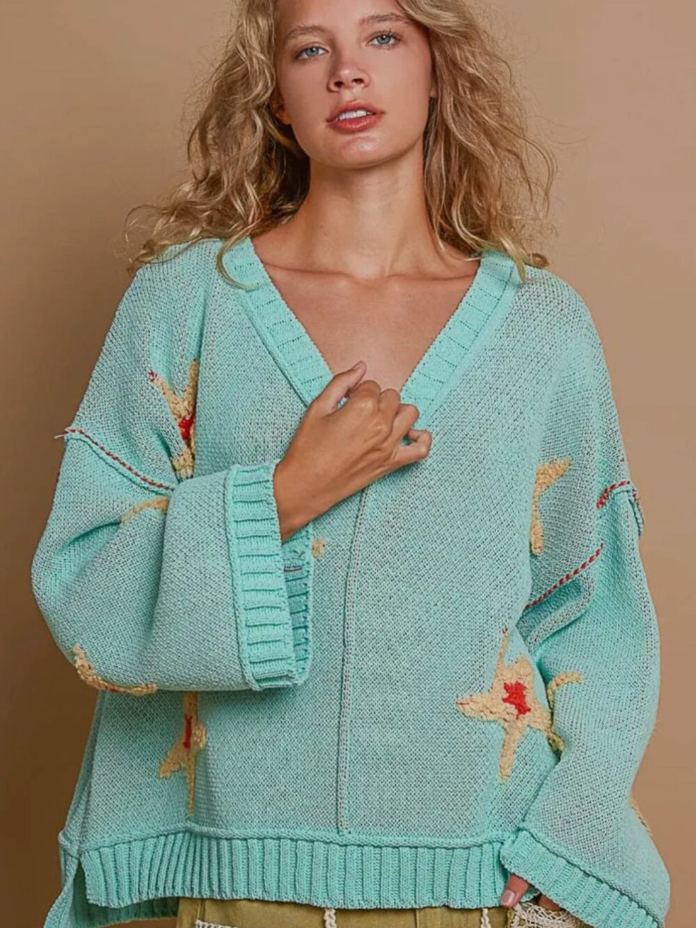 POL Star Berber Patch Paradise Mint V Neck Long Sleeve Sweater - Picture 5 of 5
